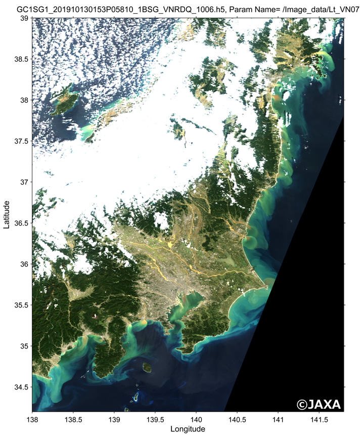 10月13日 10:53（JST）/ 1:53（UTC）に「しきさい」（GCOM-C）が観測した土砂流出の様子（RGBカラー合成画像、河口付近に見える茶～青緑色が河川から流出している土砂などによる海洋の懸濁）