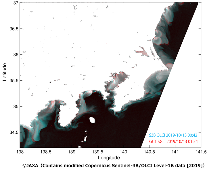 「しきさい」の約1時間前に観測したヨーロッパの多波長可視センサであるSentinel-3B/OLCIによる赤波長の反射率をB（青）とG（緑）に、「しきさい」の同波長の反射率をR（赤）に割り振ったRGB合成画像。北茨城や銚子沖等で環状に赤く見える部分は河川からの土砂に影響された海域が1時間の間に変化した部分を示していると考えられる。