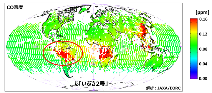 「いぶき2号」が観測した全球一酸化炭素濃度（2019年9月）