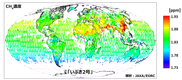 「いぶき2号」が観測した全球メタン濃度（2019年9月）