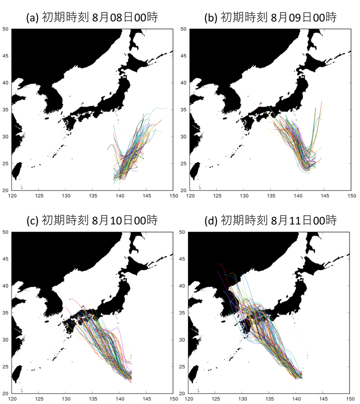 NEXRAの100個のメンバーによる台風進路の予測。初期値は(a) 2019年8月8日00時, (b) 2019年8月9日00時, (c) 2019年8月10日00時, (d) 2019年8月11日00時（すべて世界標準時）。