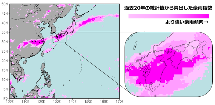 2020年7月1日～7日（世界標準時）における持続的な豪雨の指標（90, 95, 99パーセンタイル値）。濃いピンクは、過去20年の7月1日～7日（世界標準時)の平均降水量のうち上位1%の降水強度（99パーセンタイル値）以上に相当する降水があった領域を示しています。