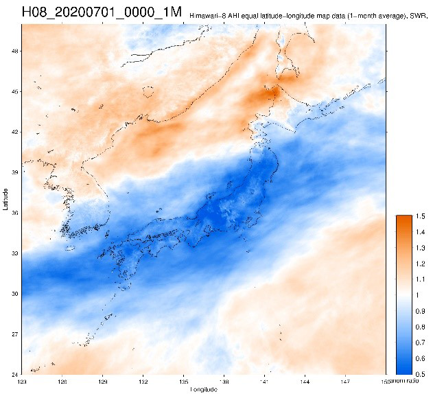 「ひまわり8号」から推定した2020年7月1日～15日の日射量のアノマリー