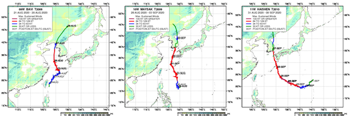 令和2年台風8号（左）、台風9号（中央）、台風10号（右）の進路図。