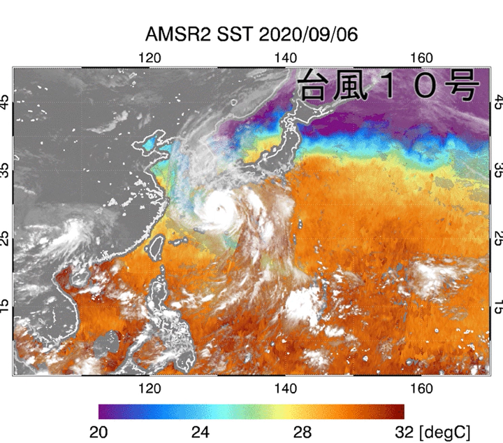 AMSR2の海面水温（該当日を含む過去5日間の最小値）の2020年8月10日～9月10日の動画