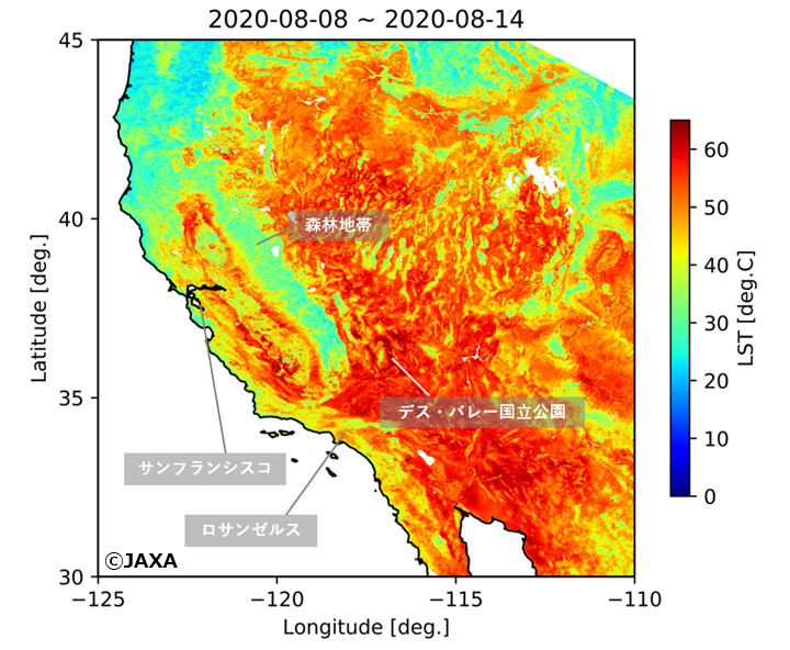 「しきさい」により観測された2020年8月8日~14日までの平均地表面温度（LST）