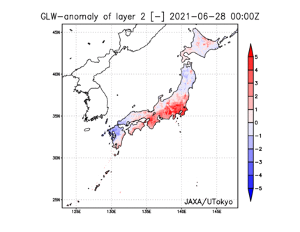 TE-Japanが推定した土壌第2層における土壌水分量の平年からの偏差（世界標準時6月28日～7月3日）