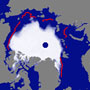 Sea ice in the Arctic Ocean continues to recede. In 2005 it reached its smallest extent since observation began by spaceborne microwave radiometers.