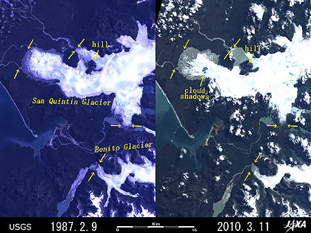 Retreat of San Quintin Glacier and Benito Glacier