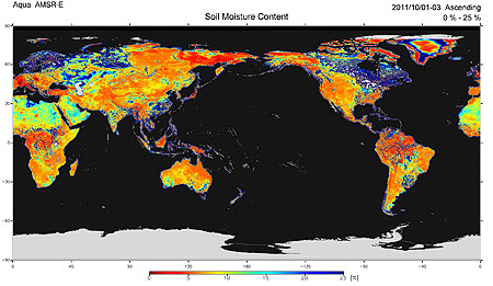 Global soil moisture content observed by AMSR-E (October 1 to October 3, 2011)