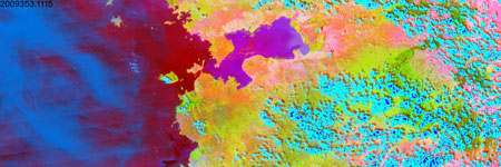 Water color, vegetation, soil, and clouds, are enhanced in the lower image using the Pseudo-Color Composite Images of medium resolution MODIS(November 19, 2009, at 11:15 UTC)