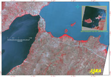 Water color, vegetation, soil, and clouds, are enhanced in the lower image using the Pseudo-Color Composite Images of medium resolution MODIS(November 19, 2009, at 11:15 UTC)