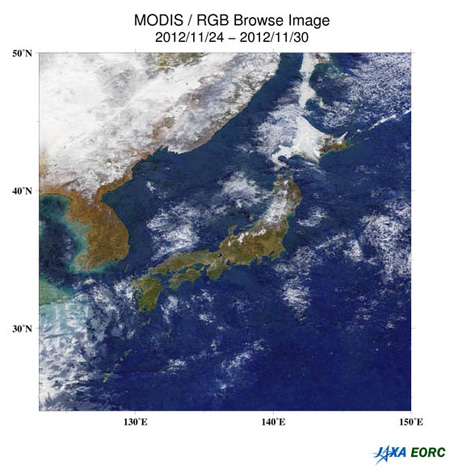 Cloud-free RGB color-composite image(processed from data obtained during the course of seven days, from November 24 to 30, 2012).