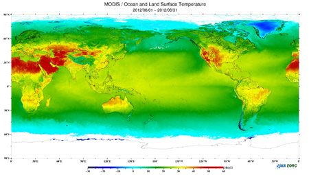 Cloud-free color composite Normalized Difference of Vegetation Index (NDVI: 0.0~1.0) image of monthly mean index derived from data obtained during August 2012, which shows vegetation cover. 