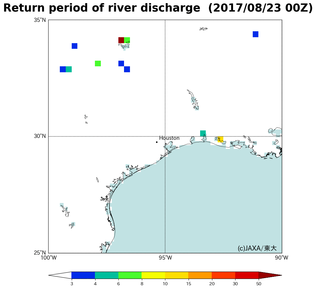 distribution of return period for river discharge calculated by YEE in the period of August 23rd to September 4th, 2017
