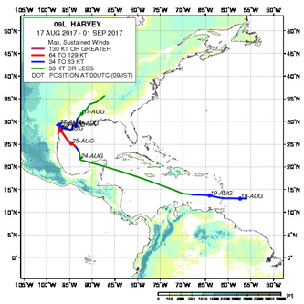 Map plotting track of the Hurricane Harvey