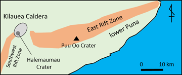Locations of Kilauea volcano and the East Rift Zone. The size and range correspond to that shown on the images of 