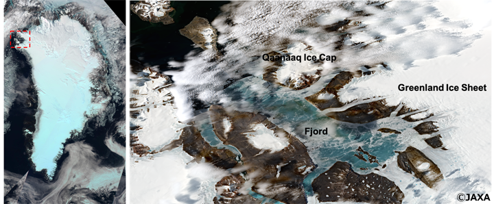 Left: True color image *1 of whole ice sheet in Greenland observed by GCOM-C/SGLI. Red square here shows the area of Right. RightTrue color image*2 observed by Sentinel-2/MSI on June 17, 2019.