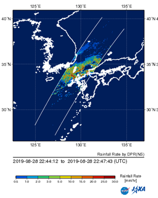 Land surface distribution of rainfall observed by GPM/DPR at 22:45 on August 28.