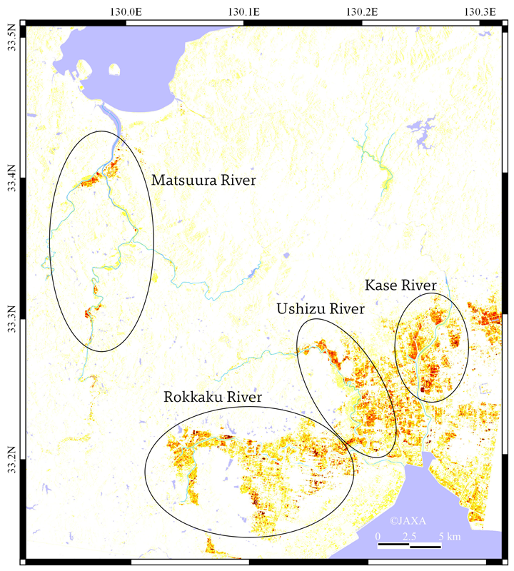 Analysis image estimated flooded area by using ALOS-2/PALSAR-2 data.