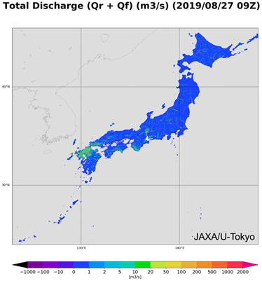 River discharge all over Japan estimated by TE-JapanAugust 27, 2019 9:00 (UTC)