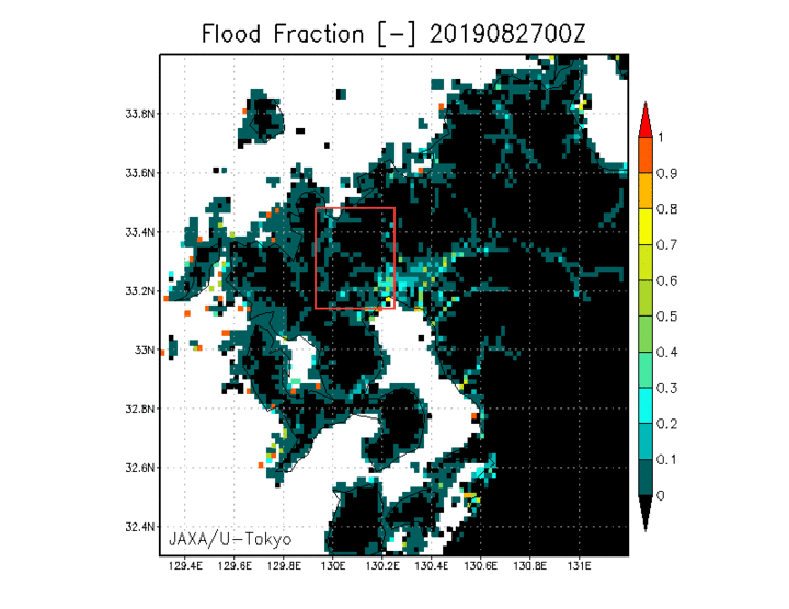 Hourly change of flood situation in northern Kyushu estimated by TE-Japan. The colors show the percentage of flooded area in each grid. (August 27, 2019 00:00 - August 29 00:00��UTC�ˡ�