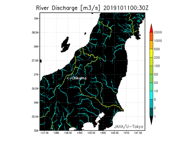 Time series of river discharge simulated by "TE-Japan" during October 11, 2019 00:00 - October 12, 23:00 (UTC) (top: whole area of Japan and the Typhoon track, bottom: extended image of Kanto and Tohoku areas). We input the analytical value of mesoscale model of Japan Meteorological Agency. Contour line shows rain area distribution.