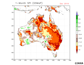 Standardized Precipitation Index (SPI) in Australia calculated by GSMaP precipitation amount in a month (December 2019)