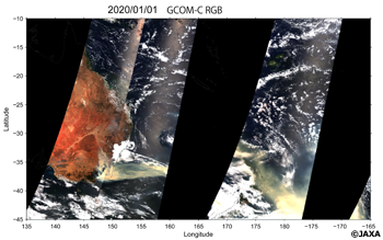 Image of descending orbit around Australia observed by "SHIKISAI" on January 1 2020. Color image by "SHIKISAI" (Black area is outside the scope of observation)