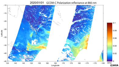 Image of descending orbit around Australia observed by "SHIKISAI" on January 1 2020. Polarized reflectance captured by "SHIKISAI" (White area is outside the scope of observation or cloud zone)