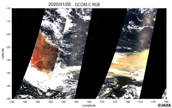 Image of descending orbit around Australia observed by "SHIKISAI" on January 5, 2020. Color image by "SHIKISAI" (Black area is outside the scope of observation)