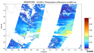 Image of descending orbit around Australia observed by "SHIKISAI" on January 5, 2020. Polarized reflectance captured by "SHIKISAI" (White area is outside the scope of observation or cloud zone)