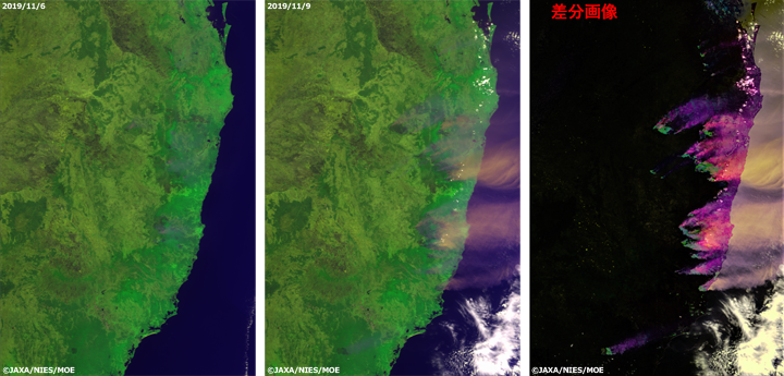 RGB composite images of the eastern Australia captured by CAI onboard "IBUKI" (GOSAT). From top left; September 1, September 7 2019 /From bottom left; difference between November 6 and November 9. Each data of band 2 (674 nm), band 3 (870 nm) and band 1(380 n) was allocated to RGB.