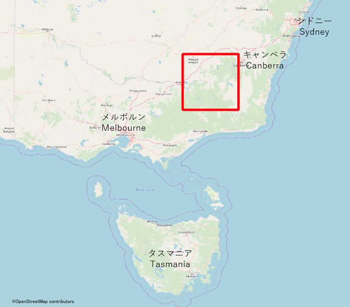 The analyzed range in southeast Australia observed by PALSAR-2 onboard "DAICHI-2" on January 9, 2020 (red square).