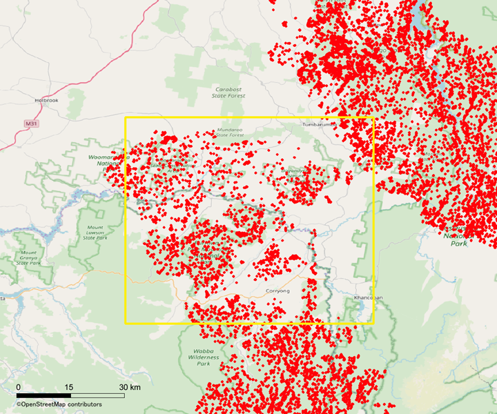 The detection result of the forest area declines in analysis range as shown by red plots. Yellow square shows the area of the magnified view in Figure 10.