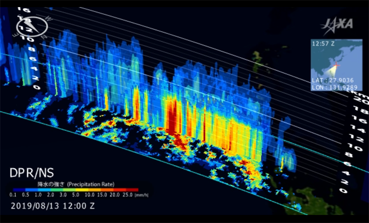 Three-dimensional view of the precipitation structure of Typhoon KROSA observed by Dual-frequency Precipitation Radar DPR)onboard the Global Precipitation Measurement GPM)Core Observatory(August 13, 2019 12:57 (UTC). 