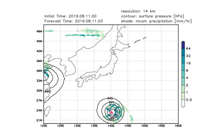 The simulation of Typhoon KROSA with horizontal resolution of 14 km. The initial time is 00Z, 11 August, 2019. Contours and shadings denote the sea-level pressure and precipita-tion, respectively. The red triangle denotes the observed center of typhoon KROSA.