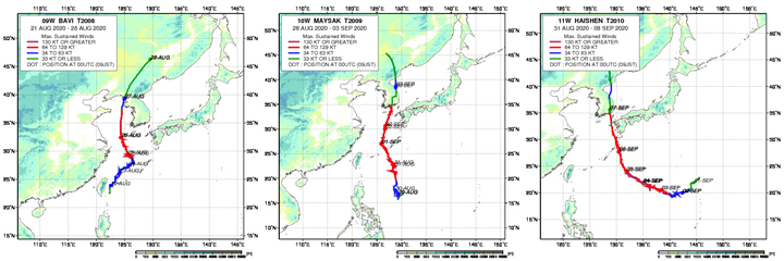 Track of Typhoon "BAVI" (left), Typhoon "MAYSAK" (center) and Super Typhoon "HAISHEN" (right) in 2020
