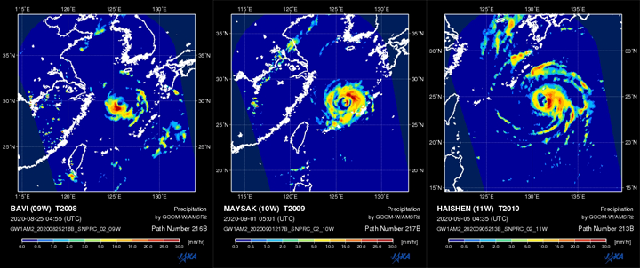 Precipitation when a typhoon approaches the East China Sea (top line) and all-whether sea surface wind speed (bottom line)observed by AMSR2. From left to right, Typhoon "BAVI" (August 25, 04:55 UTC), Typhoon "MAYSAK" (September 1, 05:01 UTC)and Super Typhoon "HAISHEN" (September 5, 04:35 UTC).