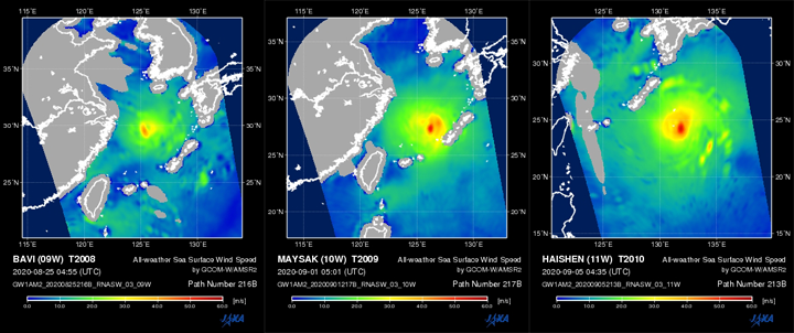 Precipitation when a typhoon approaches the East China Sea (top line) and all-whether sea surface wind speed (bottom line)observed by AMSR2. From left to right, Typhoon "BAVI" (August 25, 04:55 UTC), Typhoon "MAYSAK" (September 1, 05:01 UTC)and Super Typhoon "HAISHEN" (September 5, 04:35 UTC).