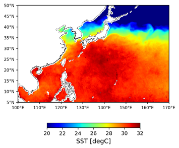 Monthly averaged SST in August 2020 (left) and its anomalies from normal year (right) by AMSR2. Normal year is defined as 30-year mean value produced by JMA's monthly averaged SST during 1990-2019.