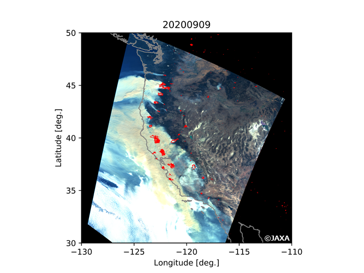 Visible image and hotspots in the west coast of USA on September 9, 2020 observed by "SHIKISAI"