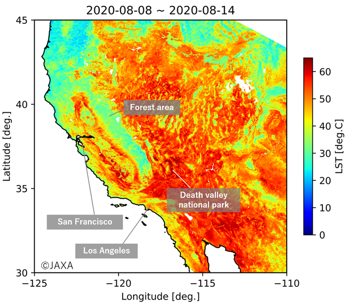 Average Land Surface Temperature (LST) during August 8-14, 2020 observed by "SHIKISAI"