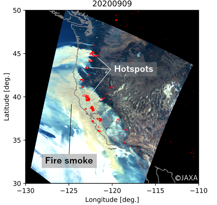 Visible images and hotspots in the west coast of USA on September 9, 2020 observed by "SHIKISAI". The pixel which exceed certain threshold value of brightness temperature is extracted as hotspots during the night without solar insolation using thermal infrared band of "SHIKISAI". Originating the hot spots, we can see the yellow colored smoke by forest fires is emitting so much in the Pacific side.