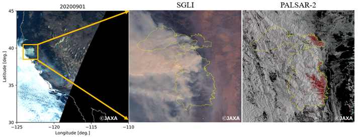 Comparison between visible image and PALSAR-2 image of the fire area on September 1, 2020.
