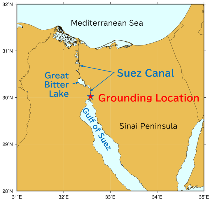 Map around the Suez Canal and the location of vessel grounding