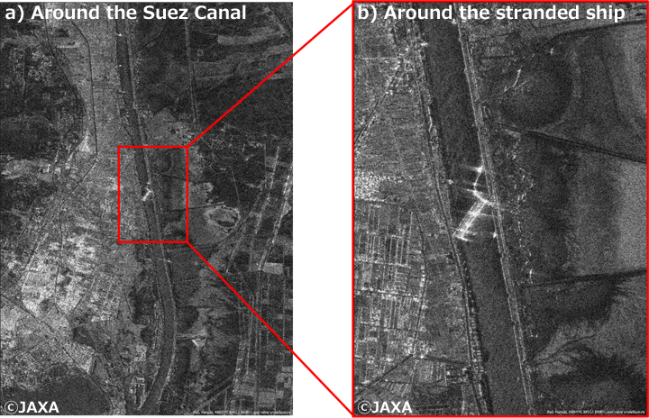 Image observed by PALSAR-2, synthetic aperture radar onboard ALOS-2, at 10:23 (UTC) on March 26. a) around the Suez Canal b) extended image around the stranded ship