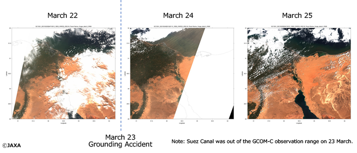 The aspect of aerosols (dusts) around the Suez Canal observed by GCOM-C. Many aerosols (dusts) were observed on March 24.