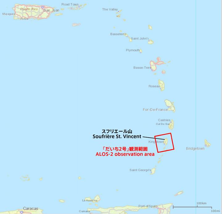 The location of La Soufrière volcano and the observation area by ALOS-2