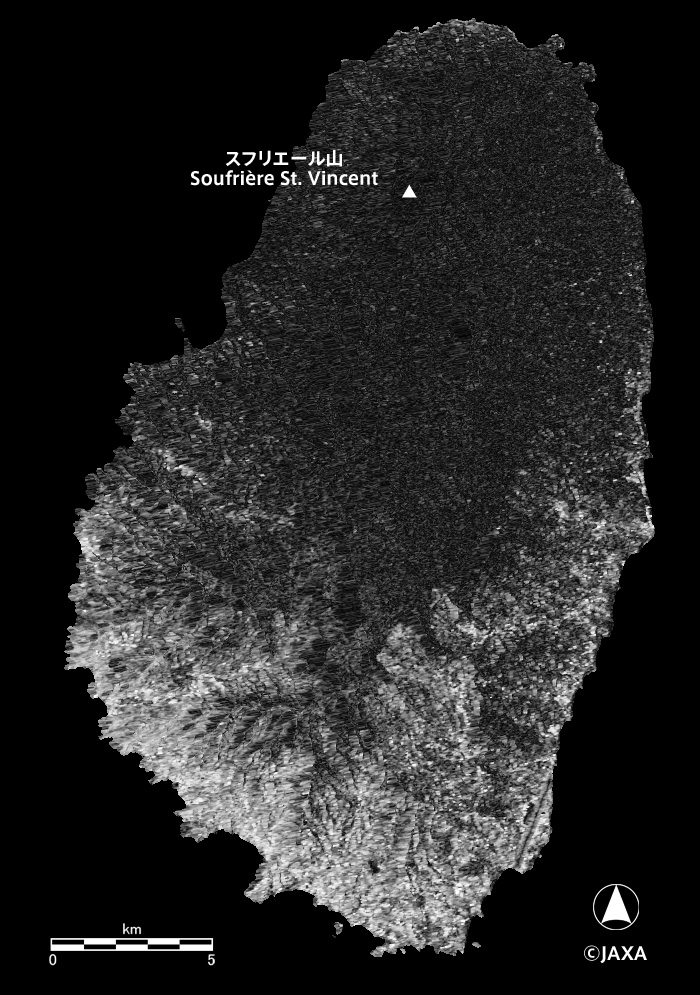 The coherence image using ALOS-2 data on April 7 and 21, 2021. Dark parts of the image broadly correspond to ash fall areas.